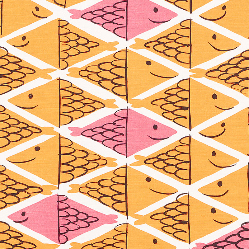 Fish School fabric in orange and pink color - pattern number 178210 - by Schumacher in the Vera Neumann collection