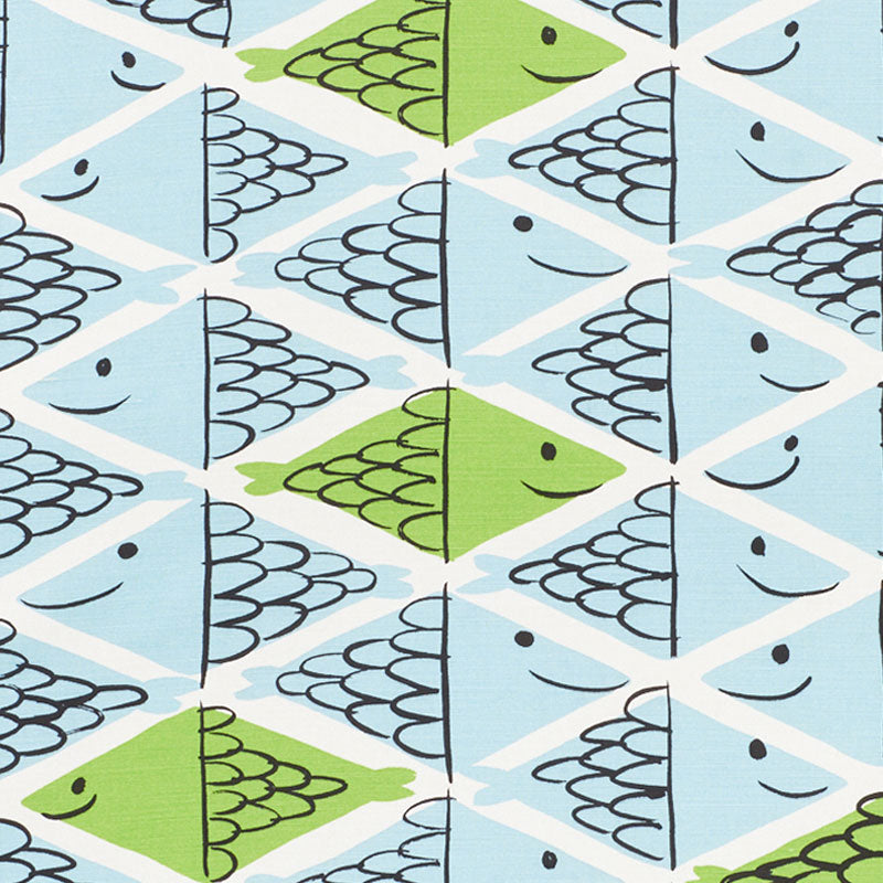 Fish School fabric in aqua and leaf color - pattern number 178211 - by Schumacher in the Vera Neumann collection