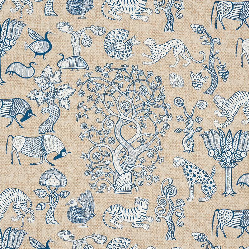 Animalia fabric in blue and natural color - pattern number 178320 - by Schumacher in the Palampore collection