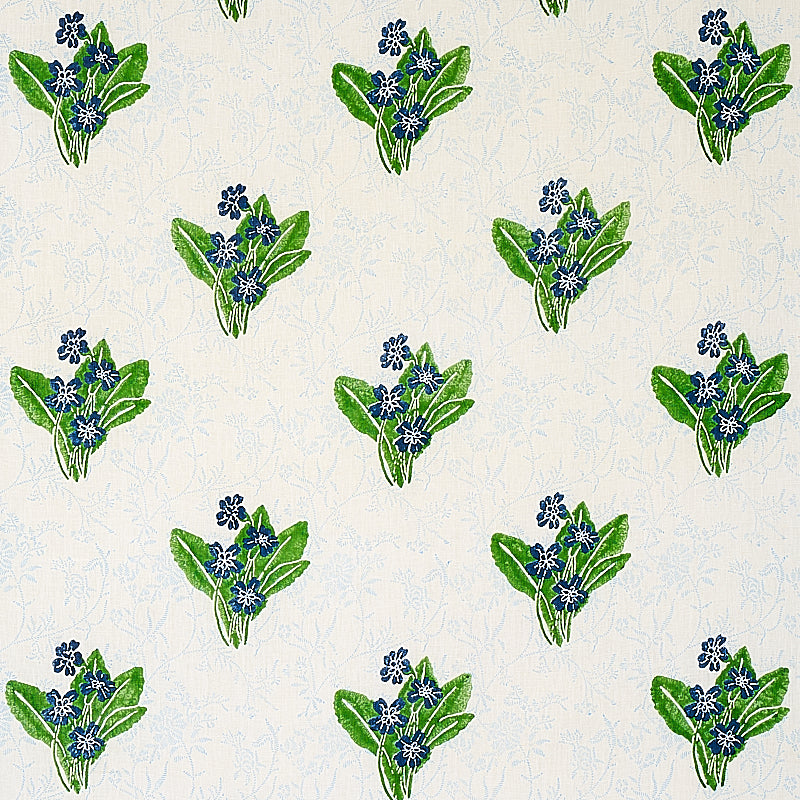 Primrose Hand Block fabric in grass and sky color - pattern number 179830 - by Schumacher in the Molly Mahon collection