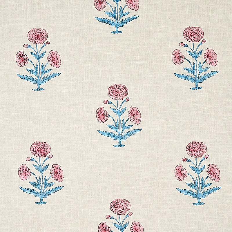 Poppy Hand Block Print fabric in rose and sky color - pattern number 179840 - by Schumacher in the Molly Mahon collection