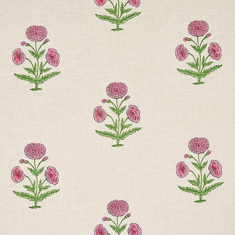 Poppy Hand Block Print fabric in rose and grass color - pattern number 179842 - by Schumacher in the Molly Mahon collection