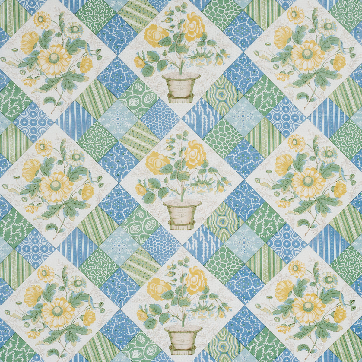 Caldwell Patchwork Chintz fabric in yellow and cornflower color - pattern number 180120 - by Schumacher in the Schumacher Classics collection