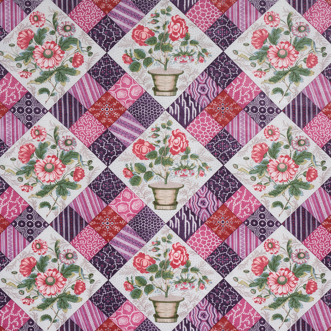 Caldwell Patchwork Chintz fabric in fuchsia and plum color - pattern number 180121 - by Schumacher in the Schumacher Classics collection