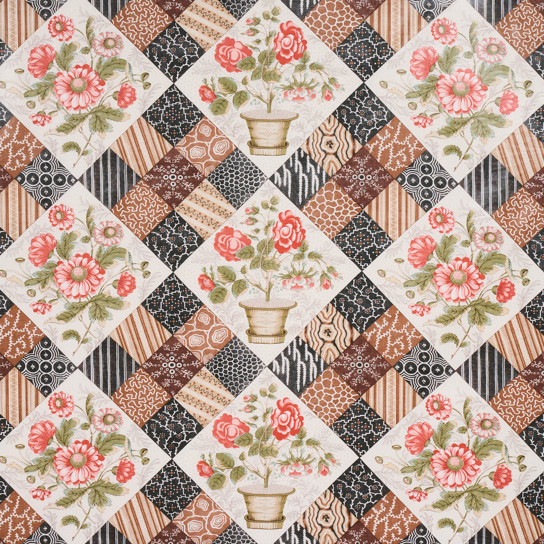 Caldwell Patchwork Chintz fabric in rose and chocolate color - pattern number 180122 - by Schumacher in the Schumacher Classics collection