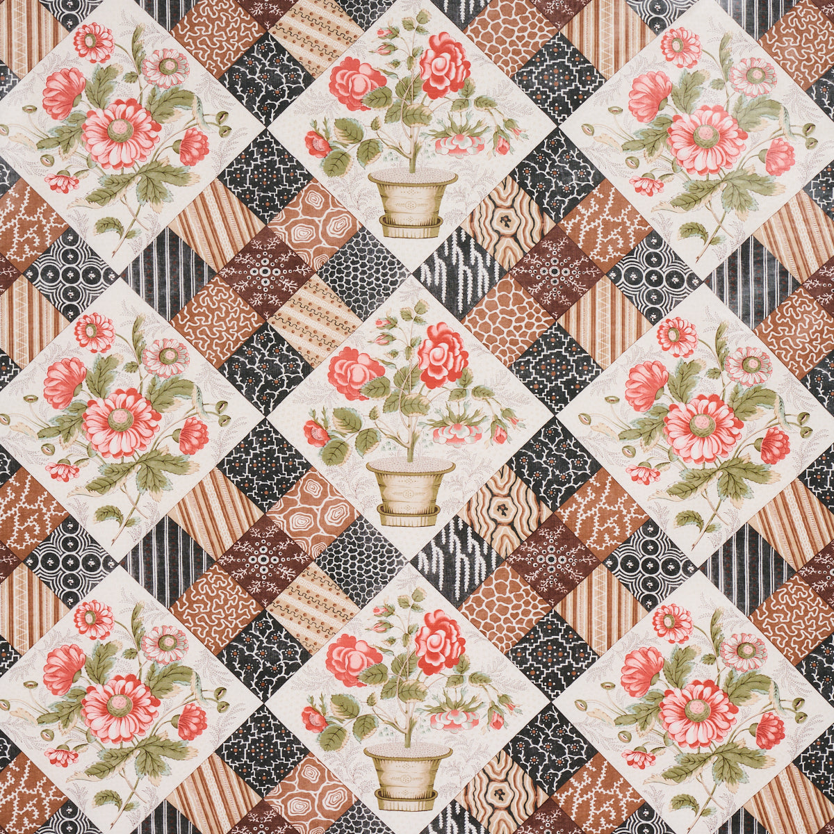 Caldwell Patchwork Chintz fabric in rose and chocolate color - pattern number 180122 - by Schumacher in the Schumacher Classics collection