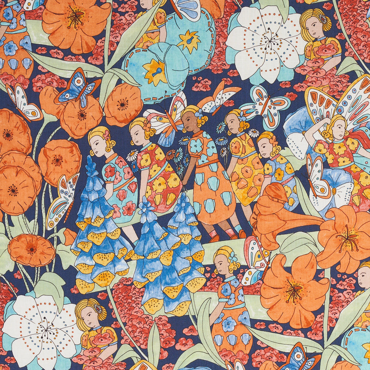 Fairie Garden fabric in orange and navy color - pattern number 180141 - by Schumacher in the Clements Ribeiro collection