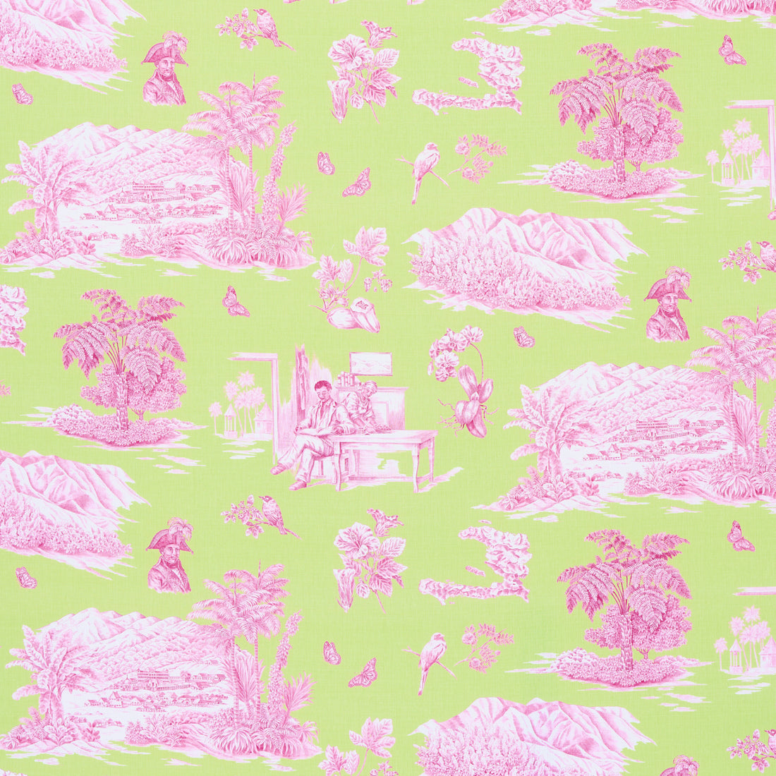 Toussaint Toile fabric in pink and green color - pattern number 180271 - by Schumacher in the Victor Glemaud collection