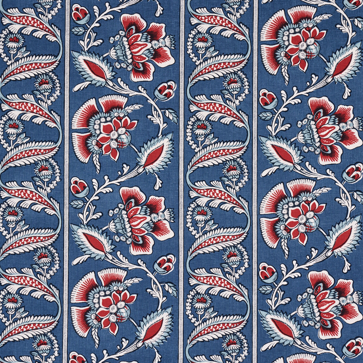 Marielle Vine fabric in denim and red color - pattern number 180530 - by Schumacher in the New Traditional:  Provencal collection