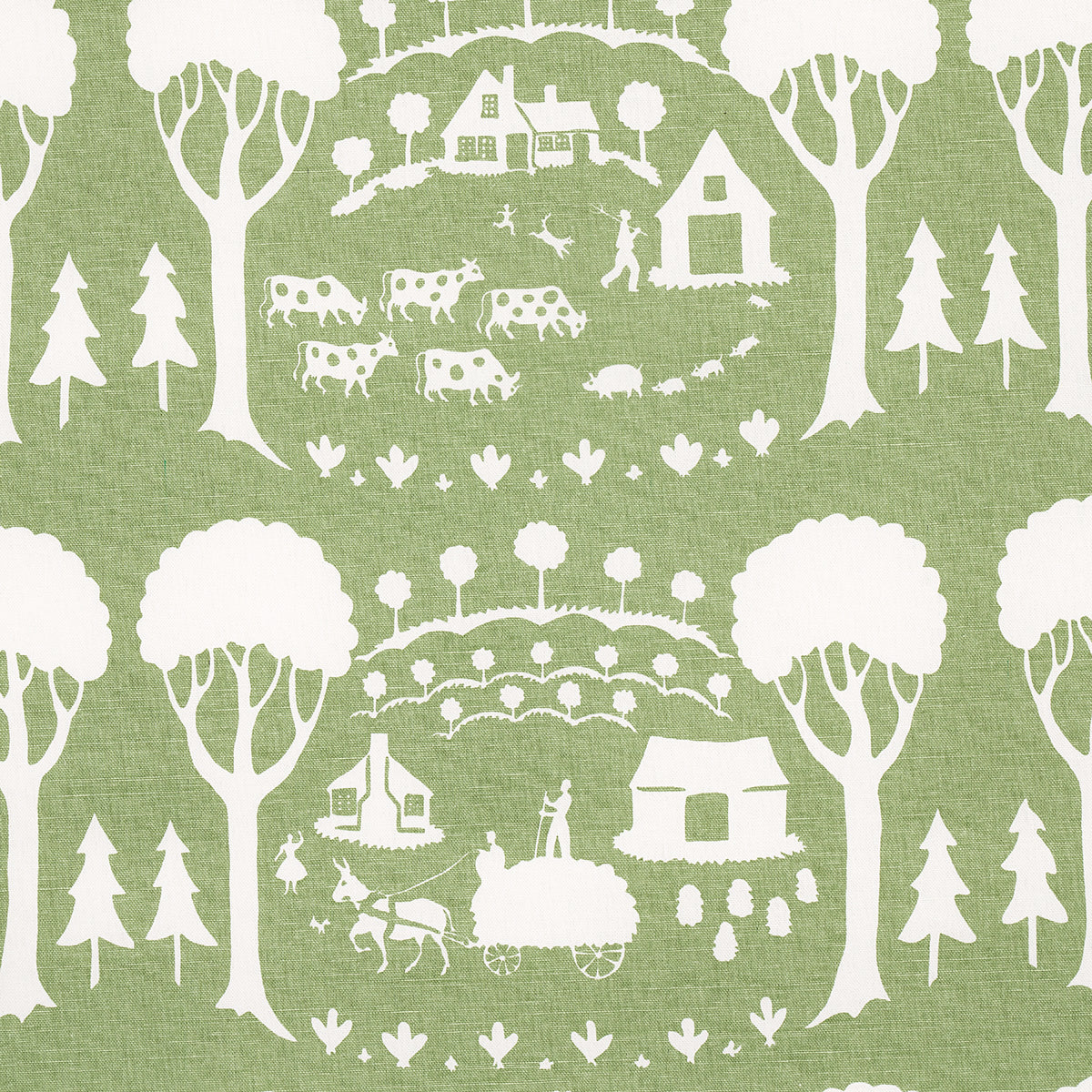 Farm Scene fabric in green color - pattern number 180880 - by Schumacher in the Folly Cove collection