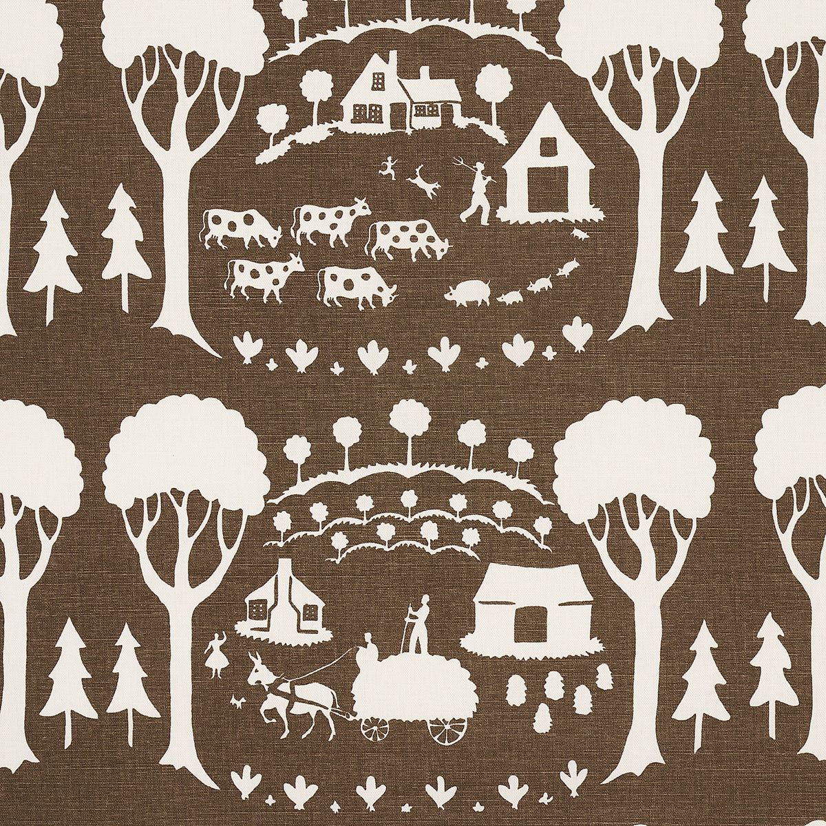 Farm Scene fabric in brown color - pattern number 180881 - by Schumacher in the Folly Cove collection