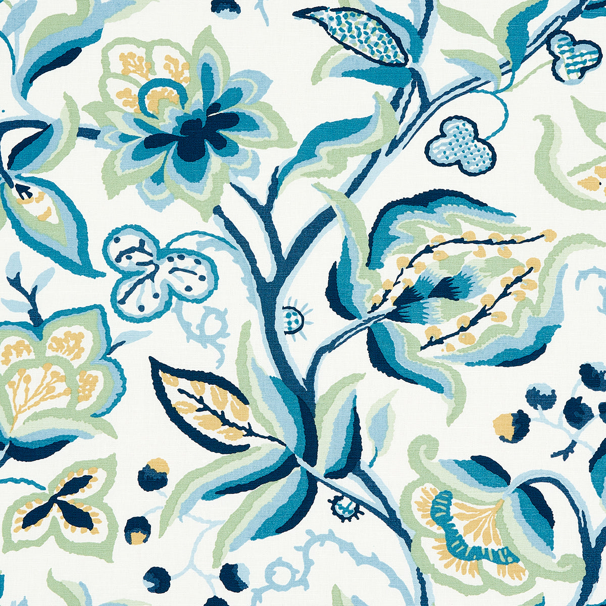 Alexandra Vine Linen fabric in navy and leaf color - pattern number 180970 - by Schumacher in the New Americana collection