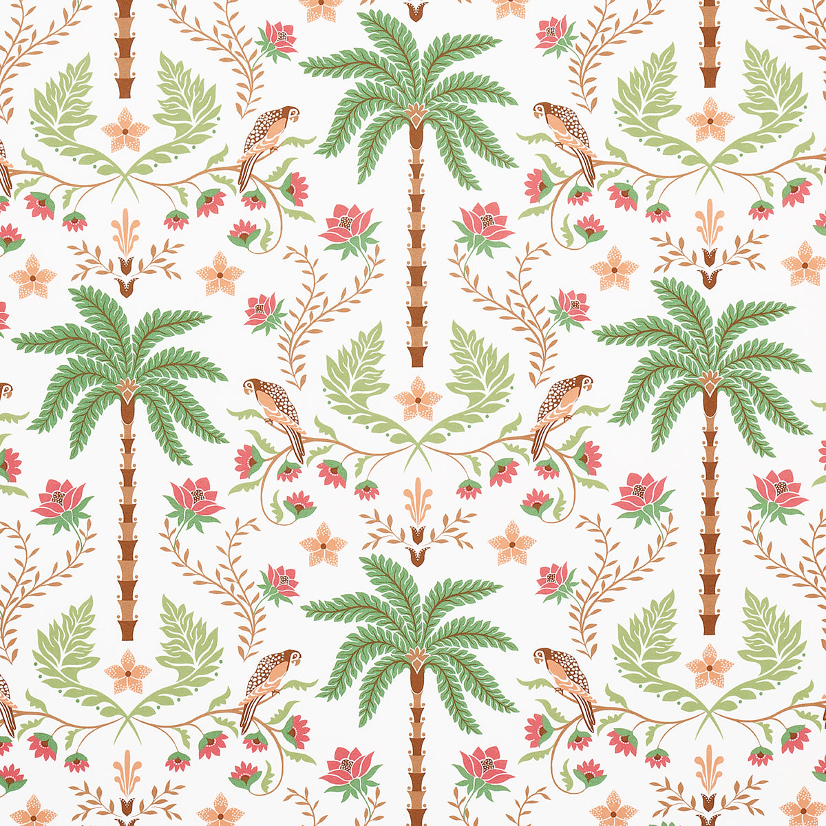 Island Palm Indoor Outdoor fabric in coral and green color - pattern number 180981 - by Schumacher in the Isola Indoor/Outdoor collection