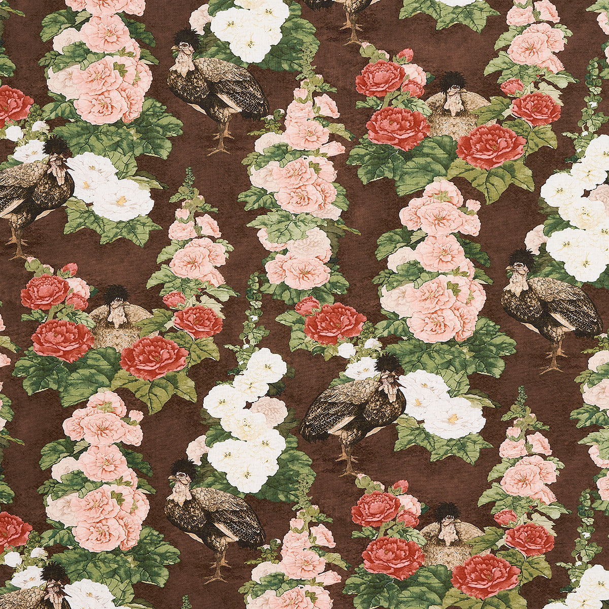 Lady Hollyhock fabric in brown color - pattern number 181041 - by Schumacher in the Mary Mcdonald collection