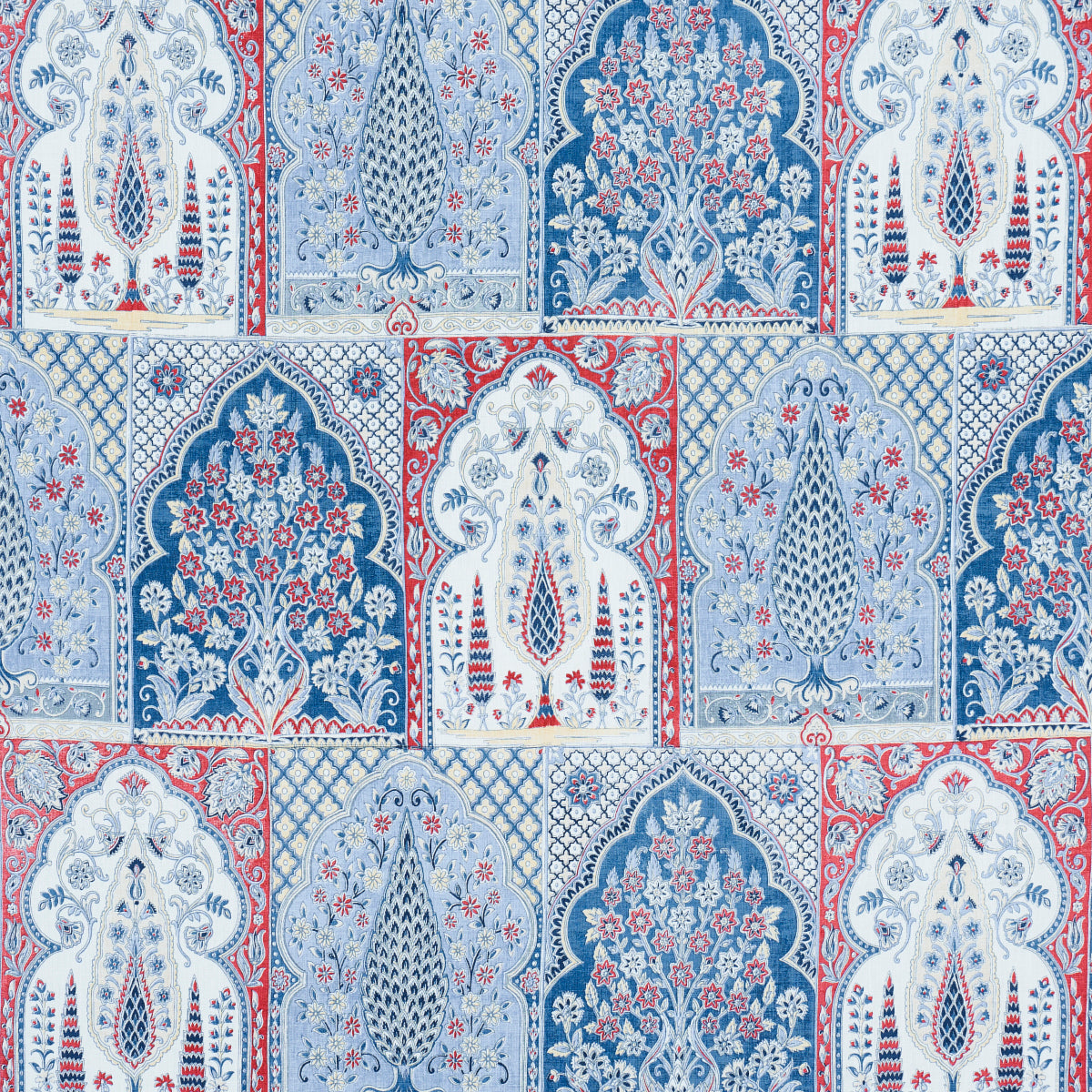 Barra Palace fabric in indigo and crimson color - pattern number 181311 - by Schumacher in the Jacaranda collection