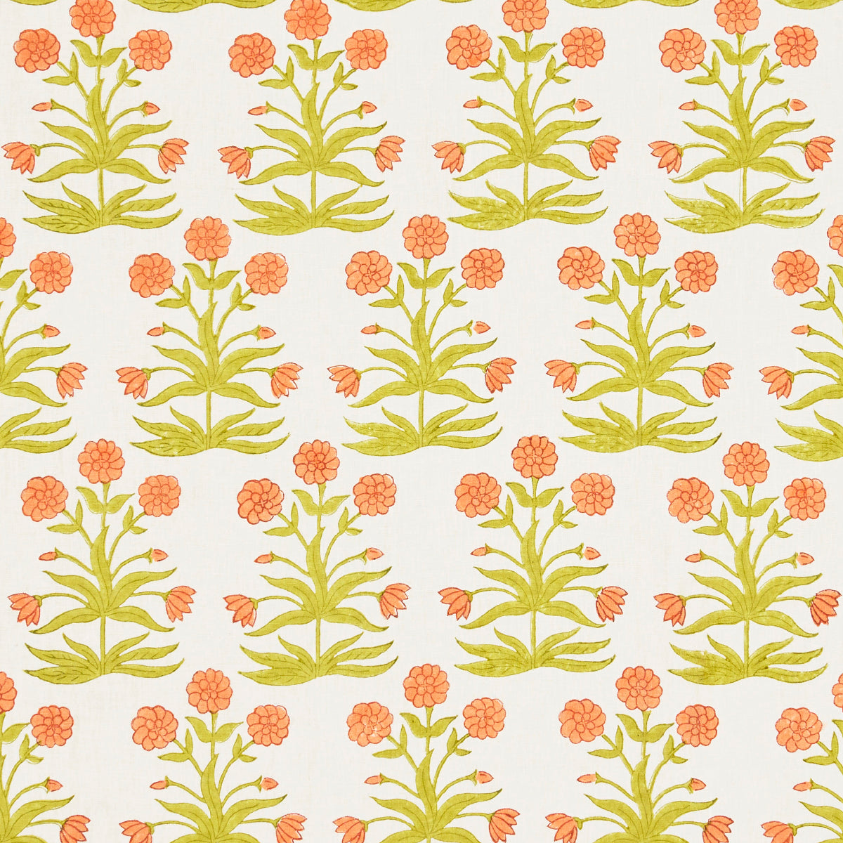 Mughal Hand Block Print fabric in peach sap green color - pattern number 181783 - by Schumacher in the Molly Mahon collection