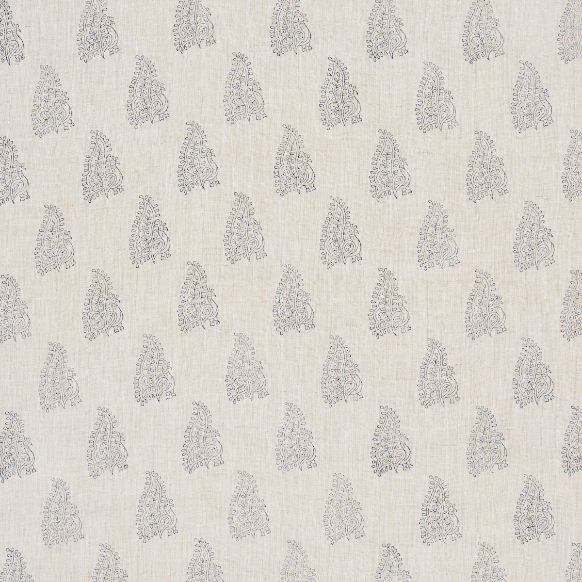 Peacock Linen Hand Blocked Print fabric in navy and flax color - pattern number 181830 - by Schumacher in the Jacaranda collection