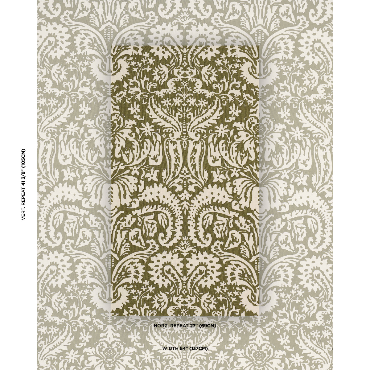 Suffolk Damask fabric in olive color - pattern number 182122 - by Schumacher in the Veere Grenney collection