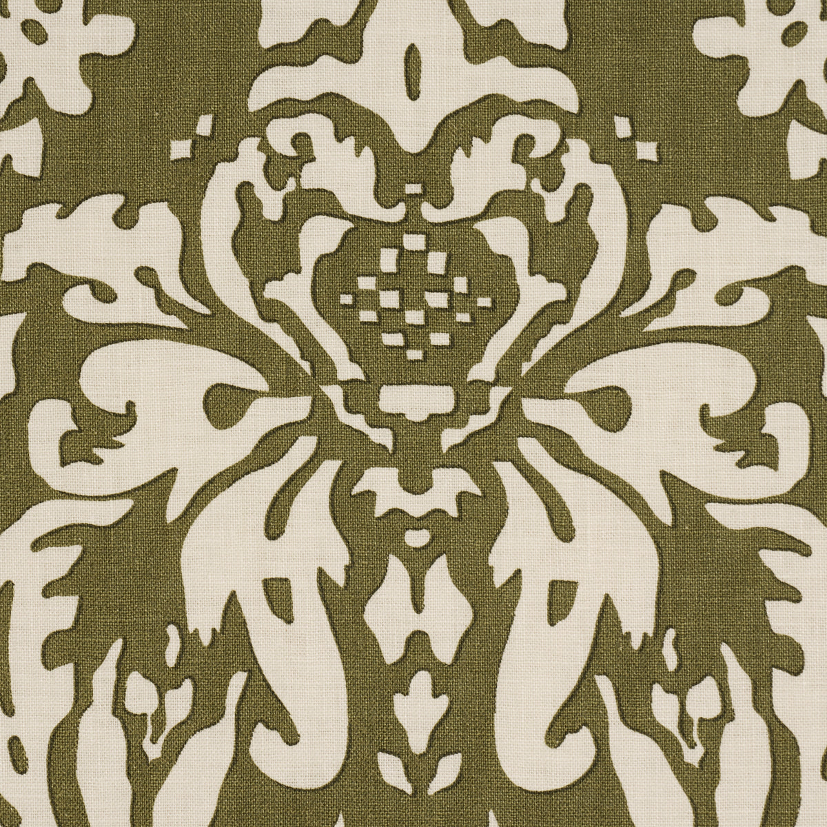 Suffolk Damask fabric in olive color - pattern number 182122 - by Schumacher in the Veere Grenney collection