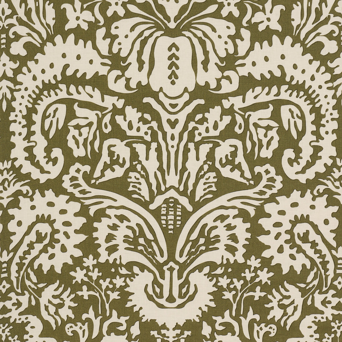 Suffolk Damask fabric in olive color - pattern number 182122 - by Schumacher in the Veere Grenney collection