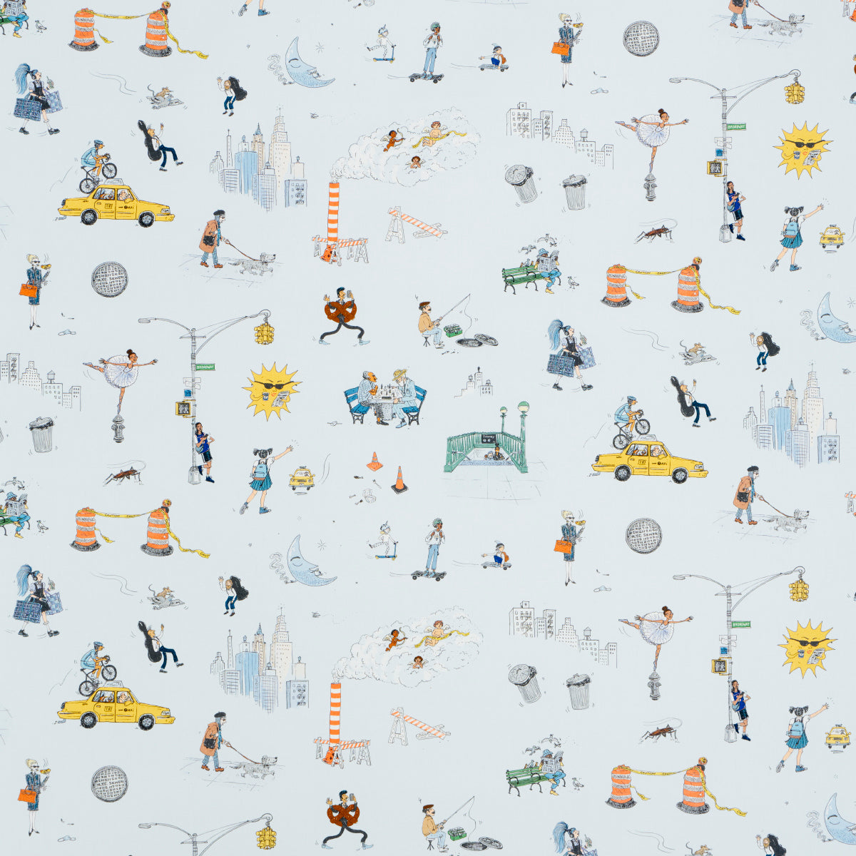 Joana Avillezs Street Scenes fabric in multicolor on sky blue color - pattern number 182330 - by Schumacher in the The New Yorker collection