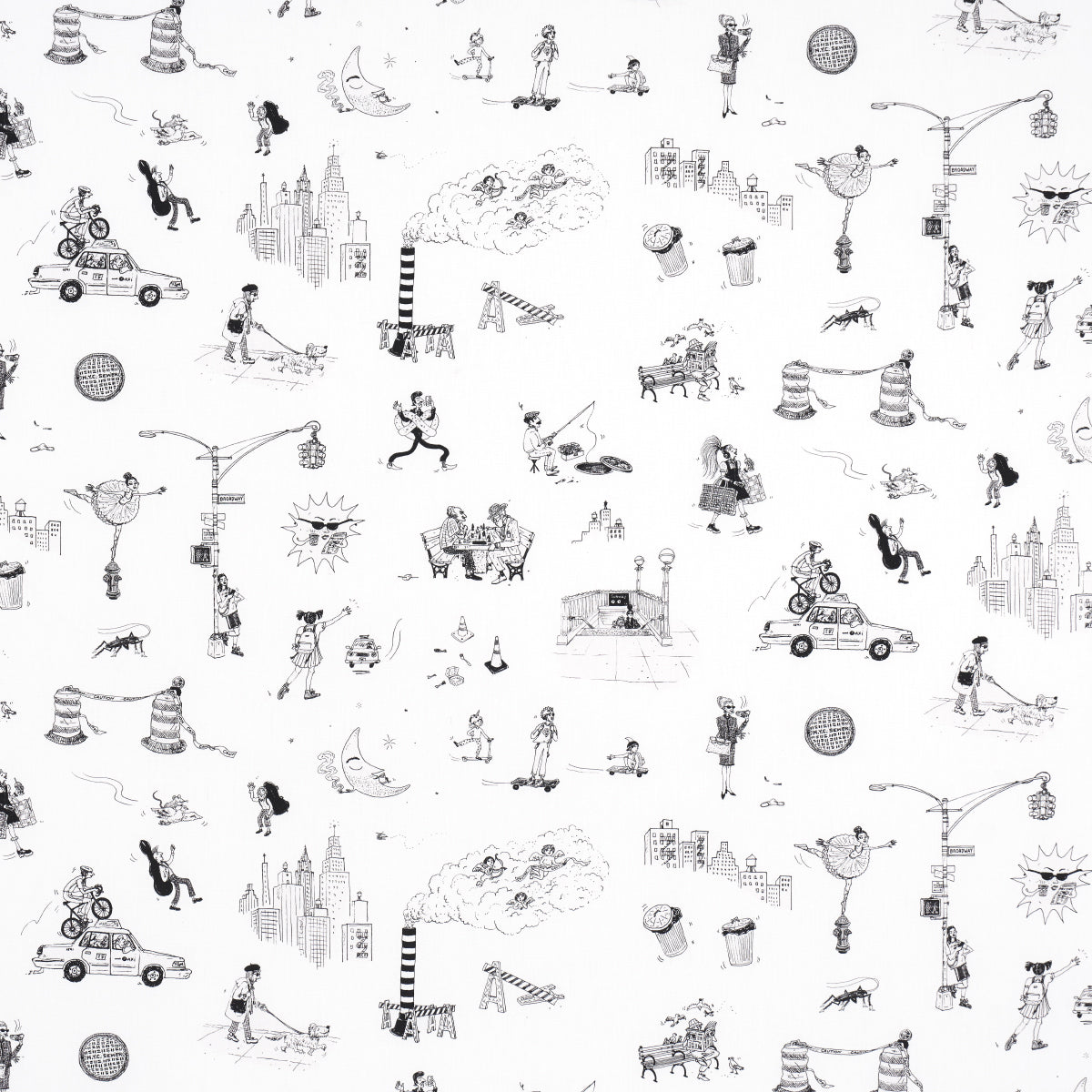 Joana Avillezs Street Scenes fabric in black and white color - pattern number 182331 - by Schumacher in the The New Yorker collection