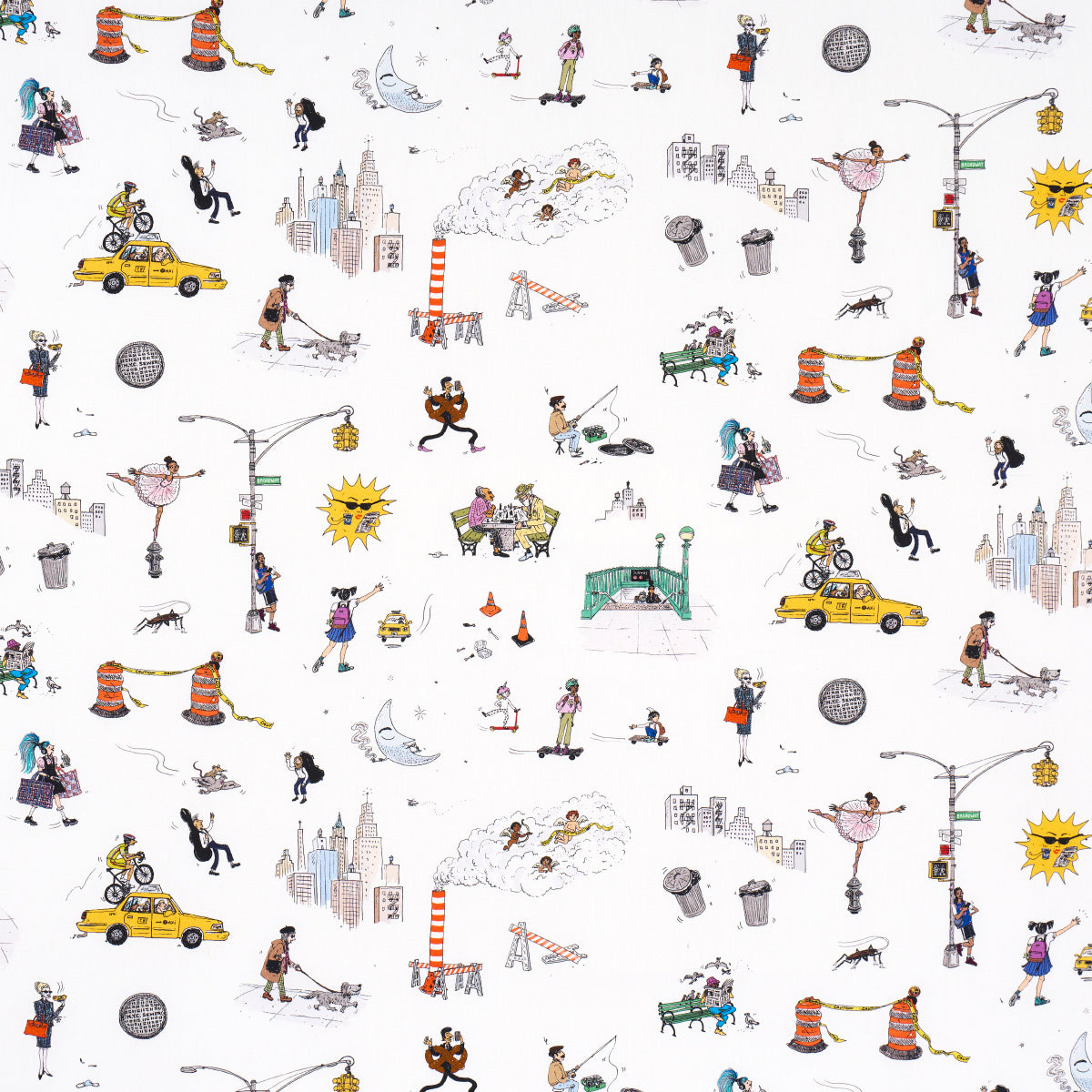 Joana Avillezs Street Scenes fabric in multicolor on white color - pattern number 182332 - by Schumacher in the The New Yorker collection