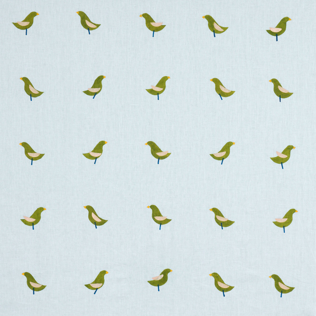 Birds Hand Block Print fabric in green on sky color - pattern number 182381 - by Schumacher in the Caroline Z Hurley collection
