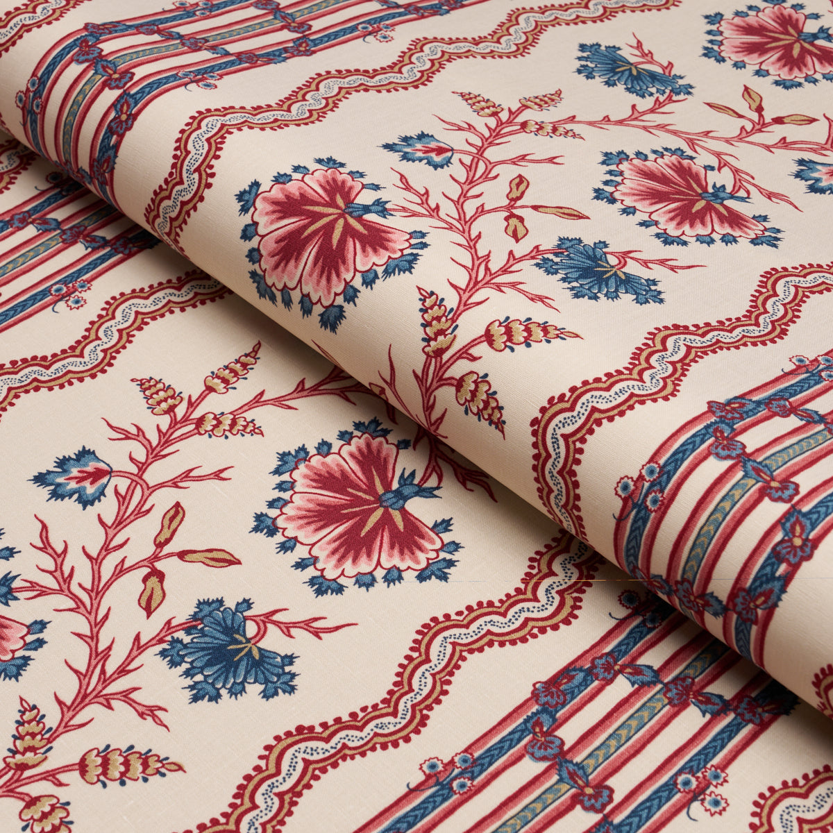 Parvati Floral Stripe fabric in vermilion color - pattern number 182710 - by Schumacher in the Williamsburg collection