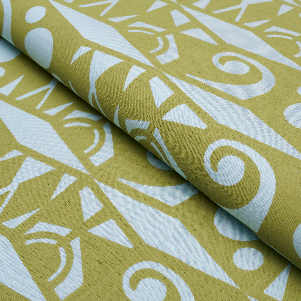 Tarot Hand Block fabric in sky &amp; green color - pattern number 182762 - by Schumacher in the Drusus Tabor collection