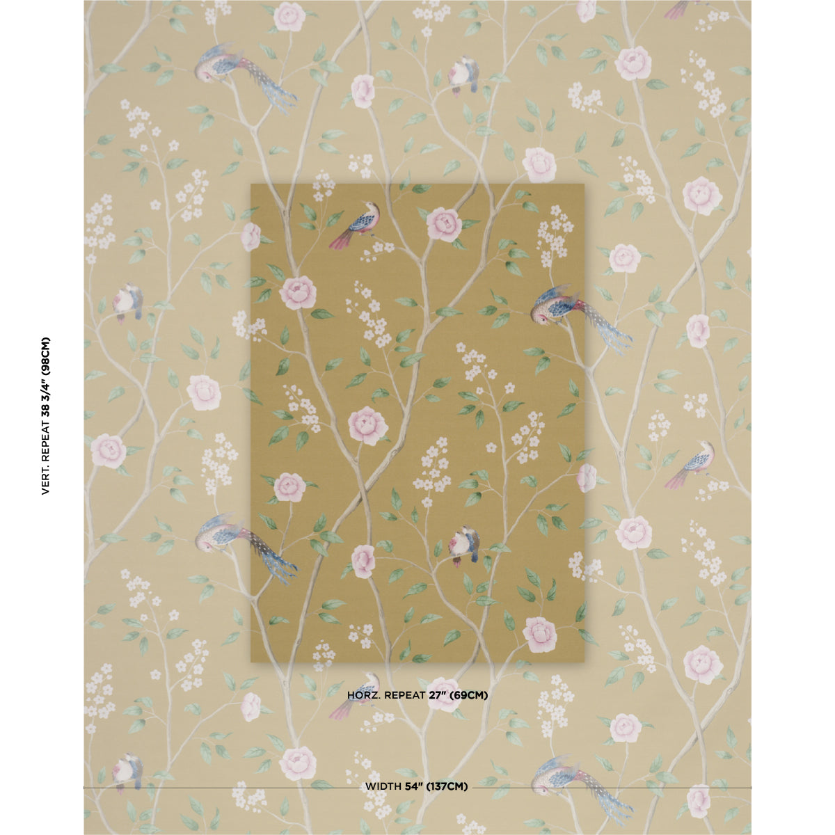 Paradise Birds fabric in gold color - pattern number 183032 - by Schumacher in the Borastapeter collection