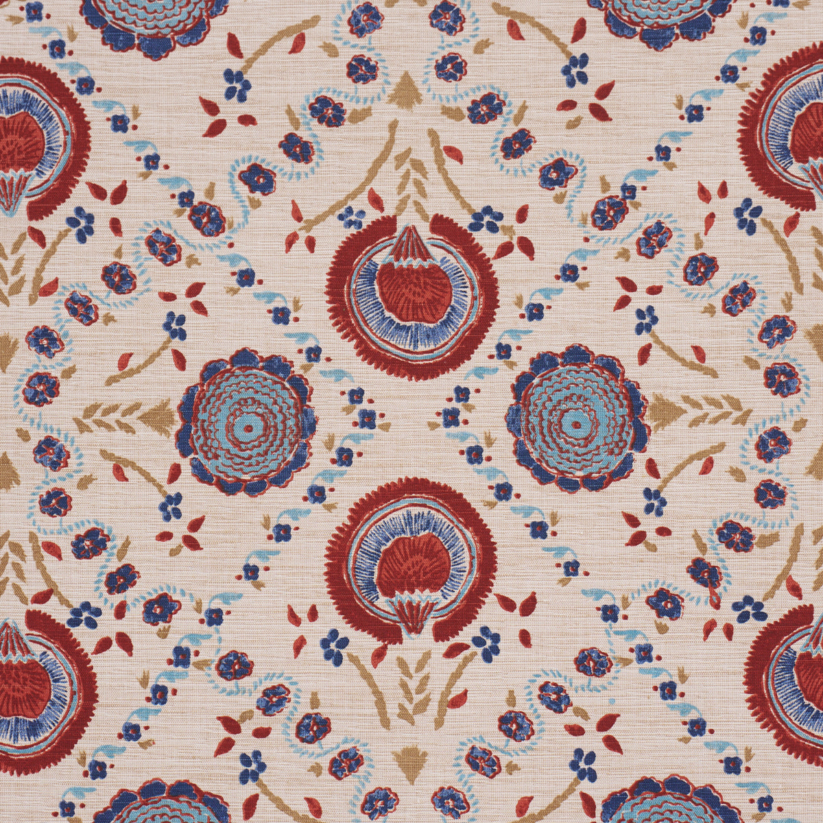 Athena Hand-Screen Print fabric in Red &amp; Blue color - pattern number 183050 - by Schumacher in the Bohemia collection