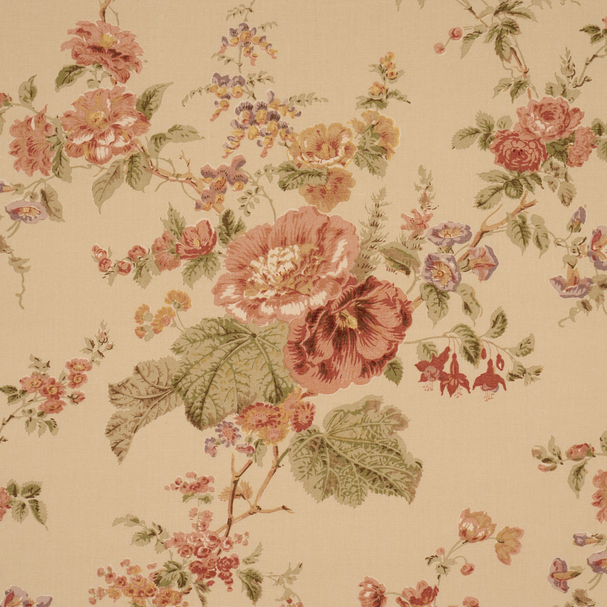 Midsummer Hollyhock fabric in Beige color - pattern number 183132 - by Schumacher in the Schumacher Classics collection