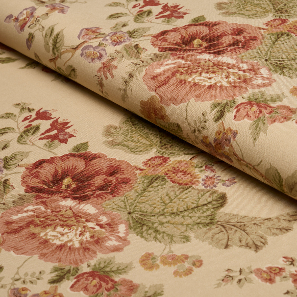Midsummer Hollyhock fabric in Beige color - pattern number 183132 - by Schumacher in the Schumacher Classics collection