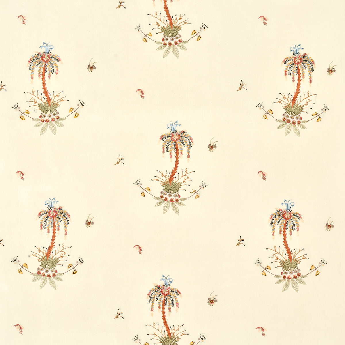 Royal Poinciana Hand Embroidery fabric in multi on creme color - pattern number 22140 - by Schumacher in the Perennial Favorites collection