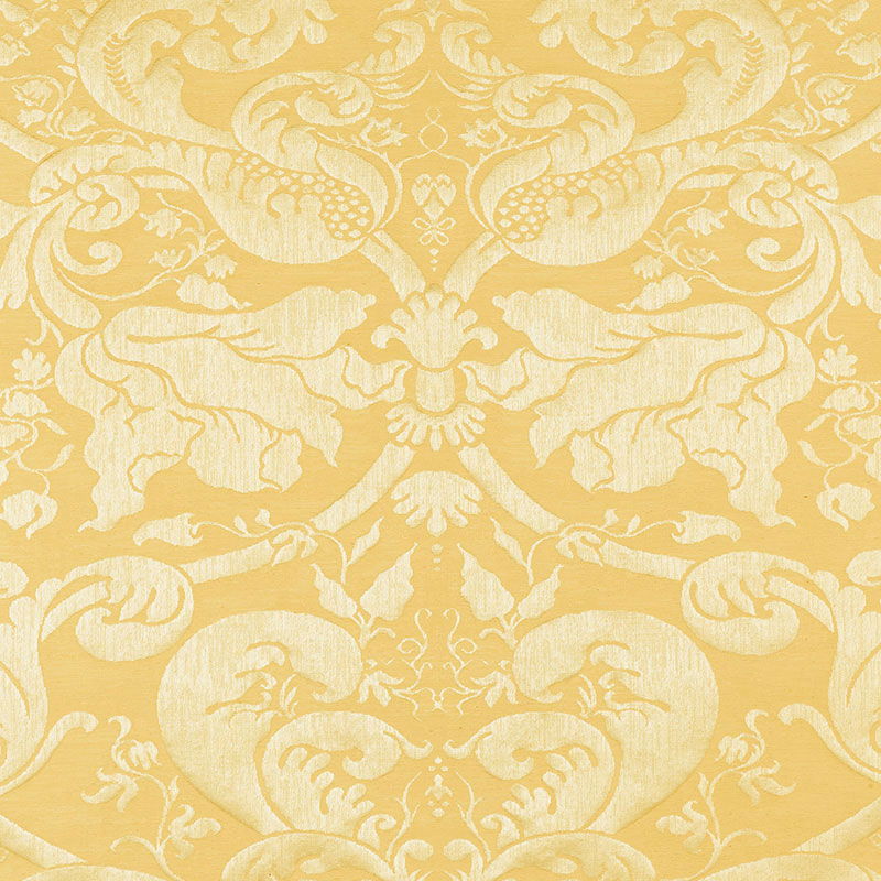 Gavotte Brocatelle Damask fabric in gold color - pattern number 22552 - by Schumacher in the Chroma collection