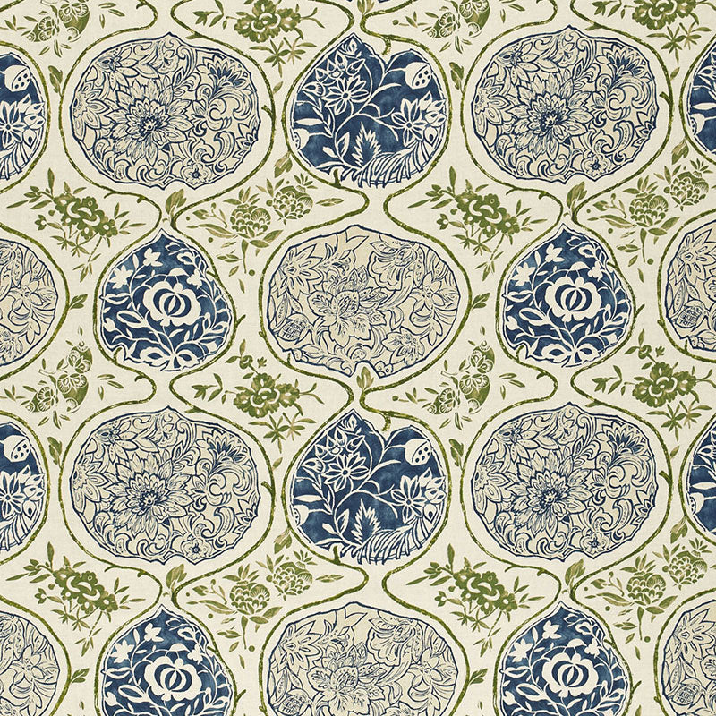 Katsugi fabric in indigo and green color - pattern number 2620932 - by Schumacher in the Exuberant Prints collection