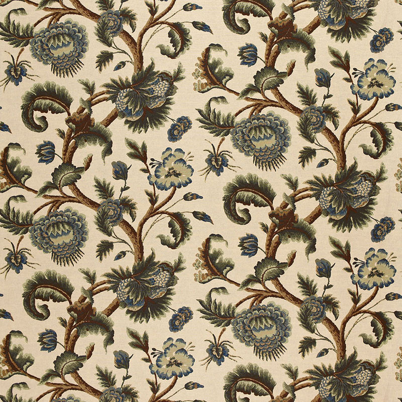 Jacobean Printed Crewel fabric in multi blues wood tones color - pattern number 2639314 - by Schumacher in the A Country Life collection