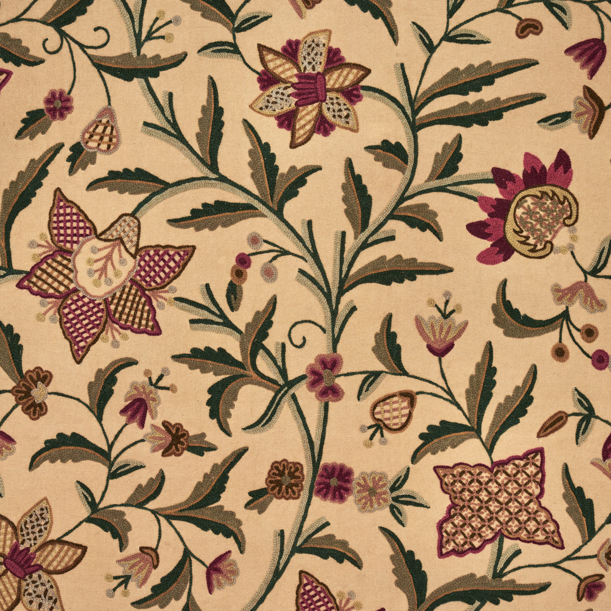 Somerset Crewel fabric in red green color - pattern number 50470 - by Schumacher in the Perennial Favorites collection