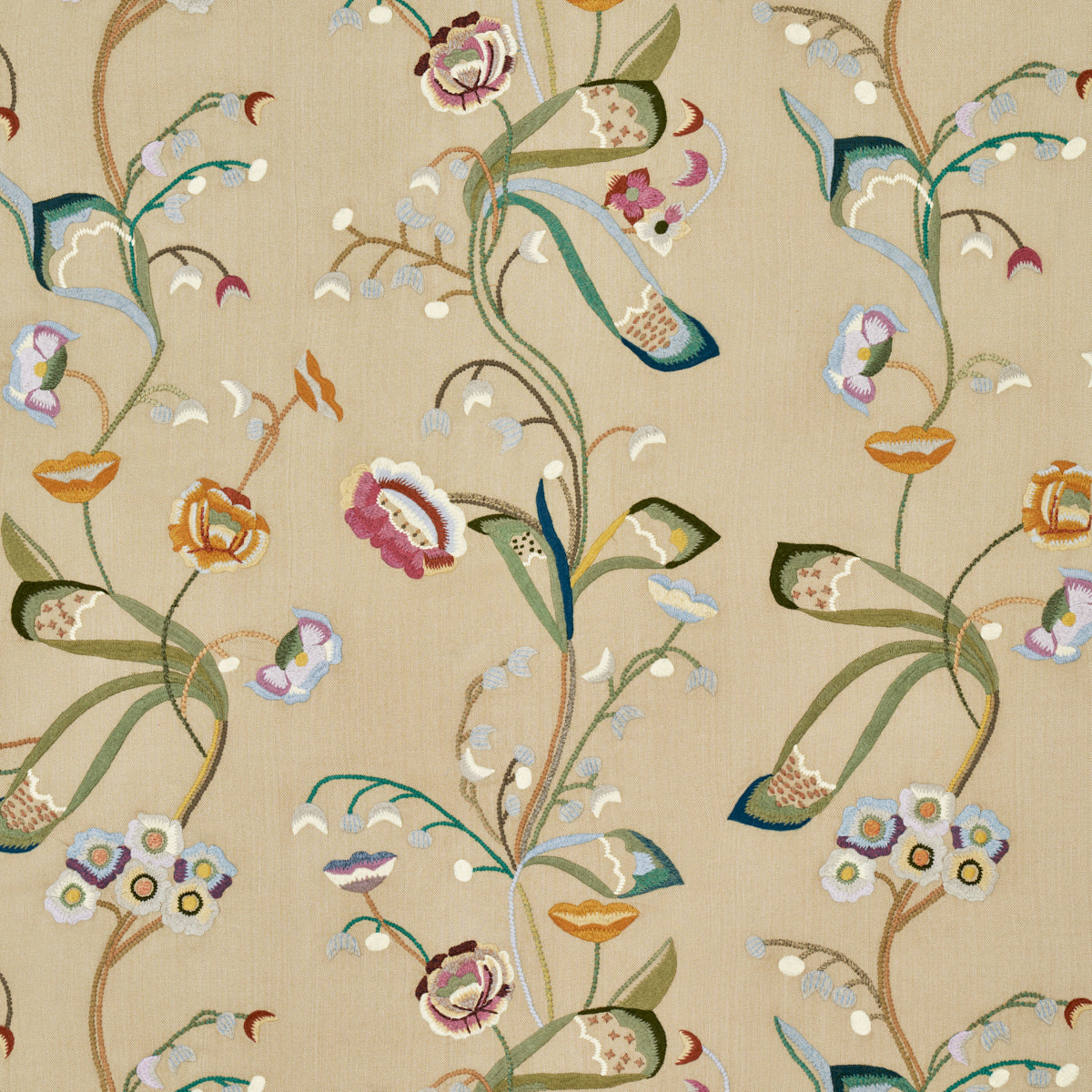 Vanessa Embroidery fabric in chamois multi color - pattern number 52090 - by Schumacher in the Perennial Favorites collection