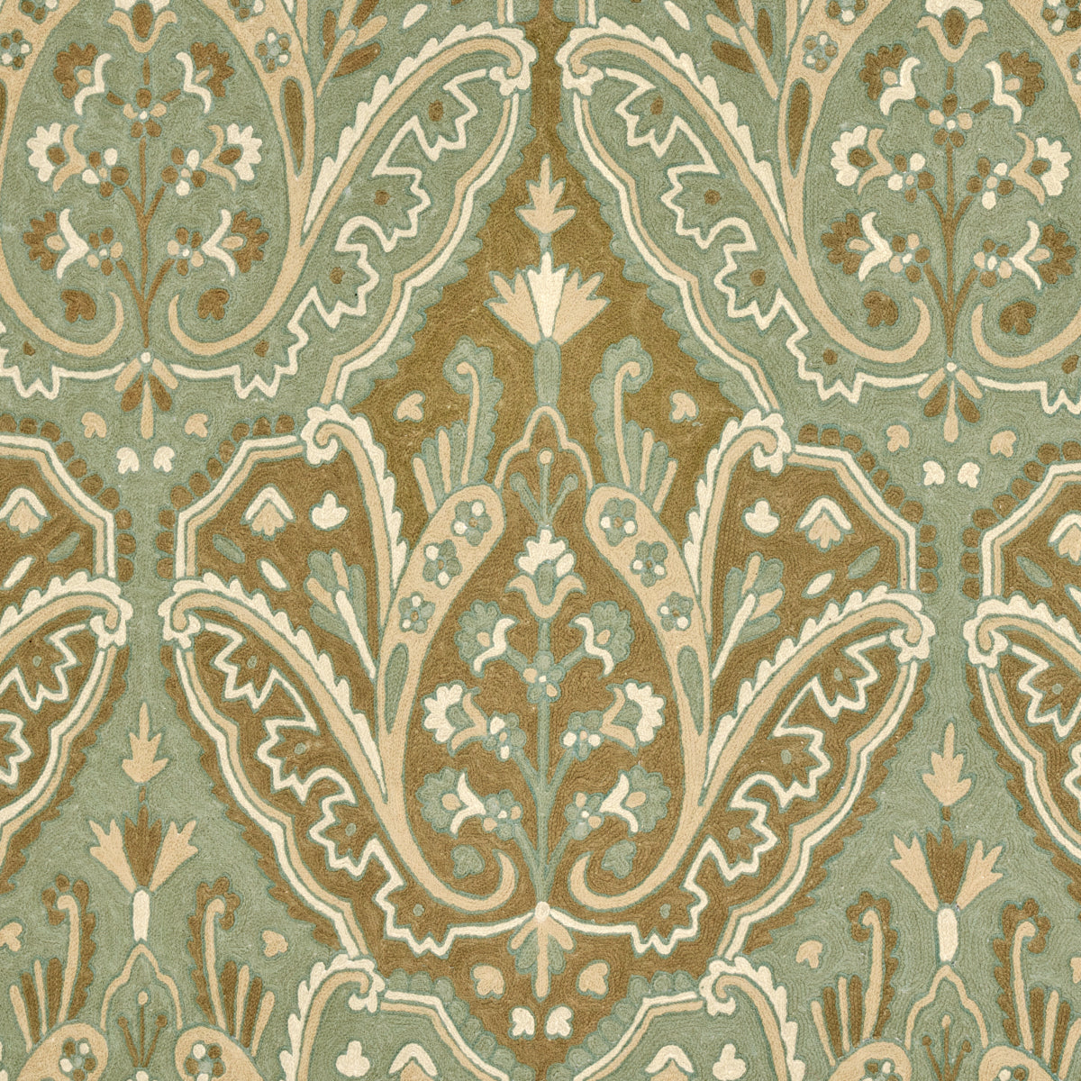 Maharajah Crewel Embroidery fabric in verdigris color - pattern number 64810 - by Schumacher in the Crewel Collection collection