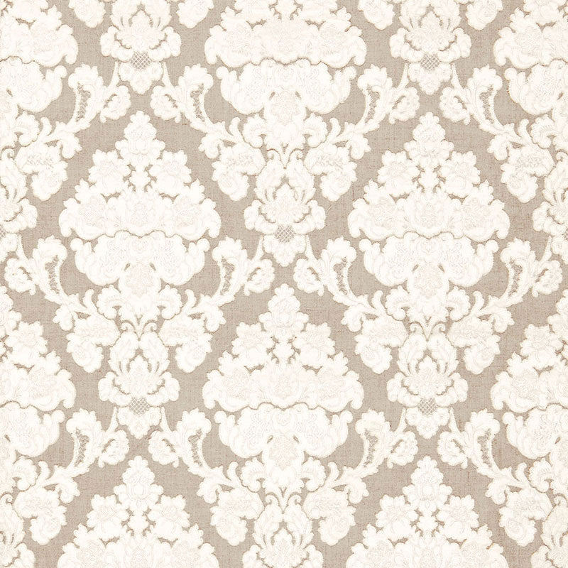 Montalcino Applique Damask fabric in linen color - pattern number 66590 - by Schumacher in the Palazzo collection