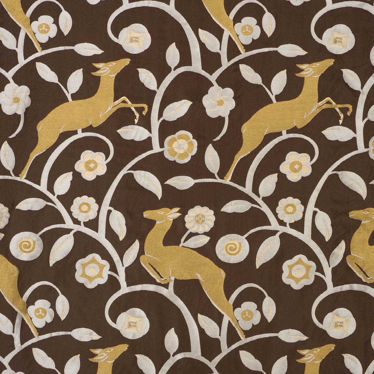 Les Gazelles Au Bois fabric in chocolate color - pattern number 68912 - by Schumacher in the Rhythm In Motion collection