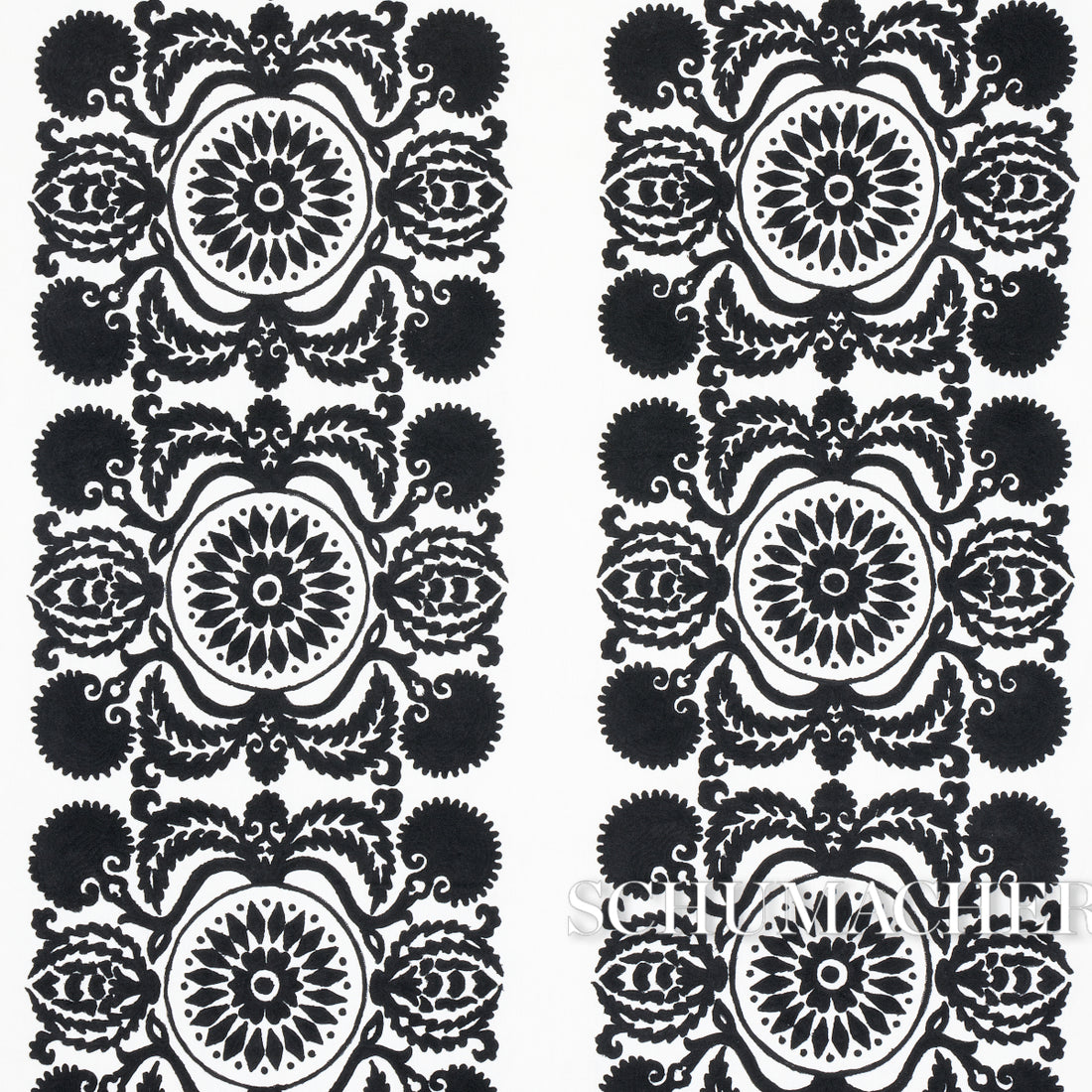 Castanet Embroidery fabric in black color - pattern number 70263 - by Schumacher in the Bohemia collection