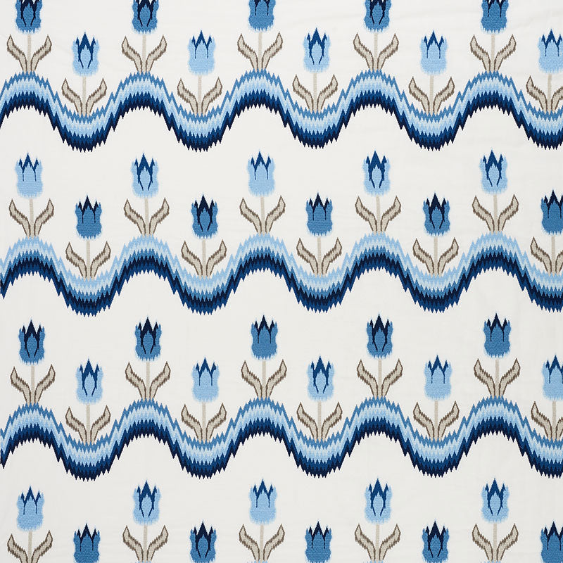 Tulip Flamestitch Embroidery fabric in blue color - pattern number 70272 - by Schumacher in the Contemporary Embroideries collection