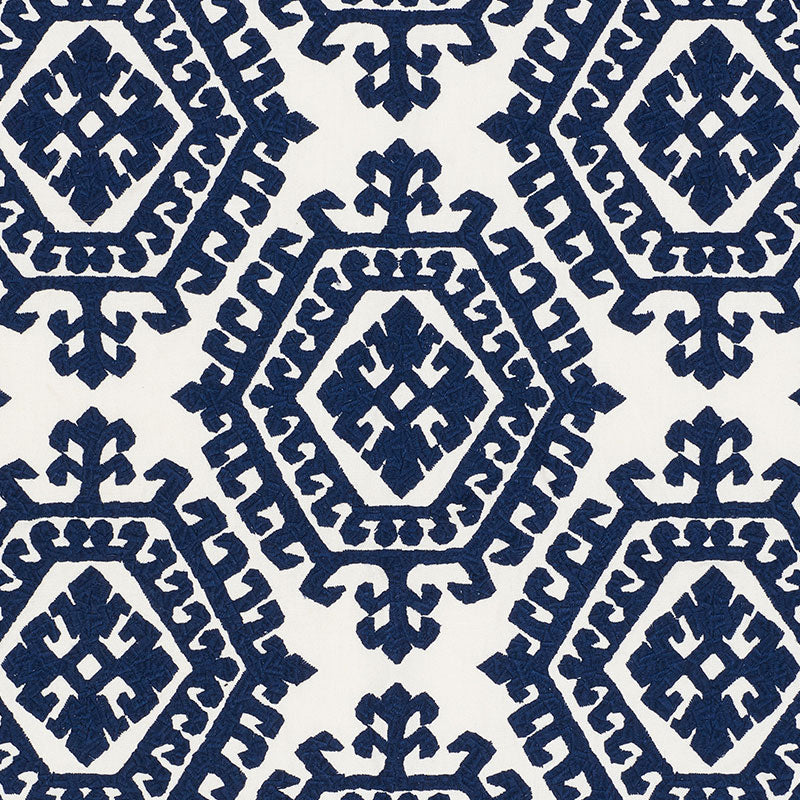 Omar Embroidery fabric in navy color - pattern number 71941 - by Schumacher in the Caravanne collection