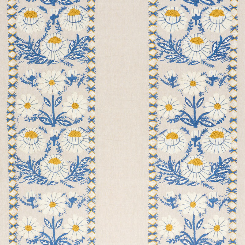 Marguerite Embroidery fabric in blue and ochre color - pattern number 72332 - by Schumacher in the Revisit Of Popular Patterns collection