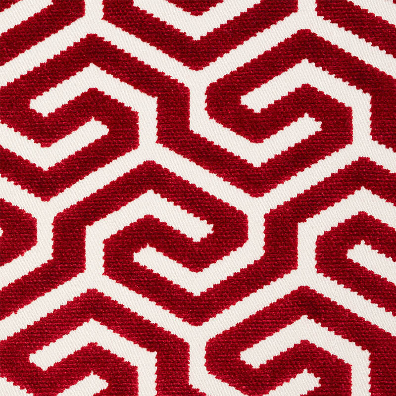 Ming Fret Velvet fabric in red color - pattern number 73105 - by Schumacher in the Cut &amp; Patterned Velvets collection