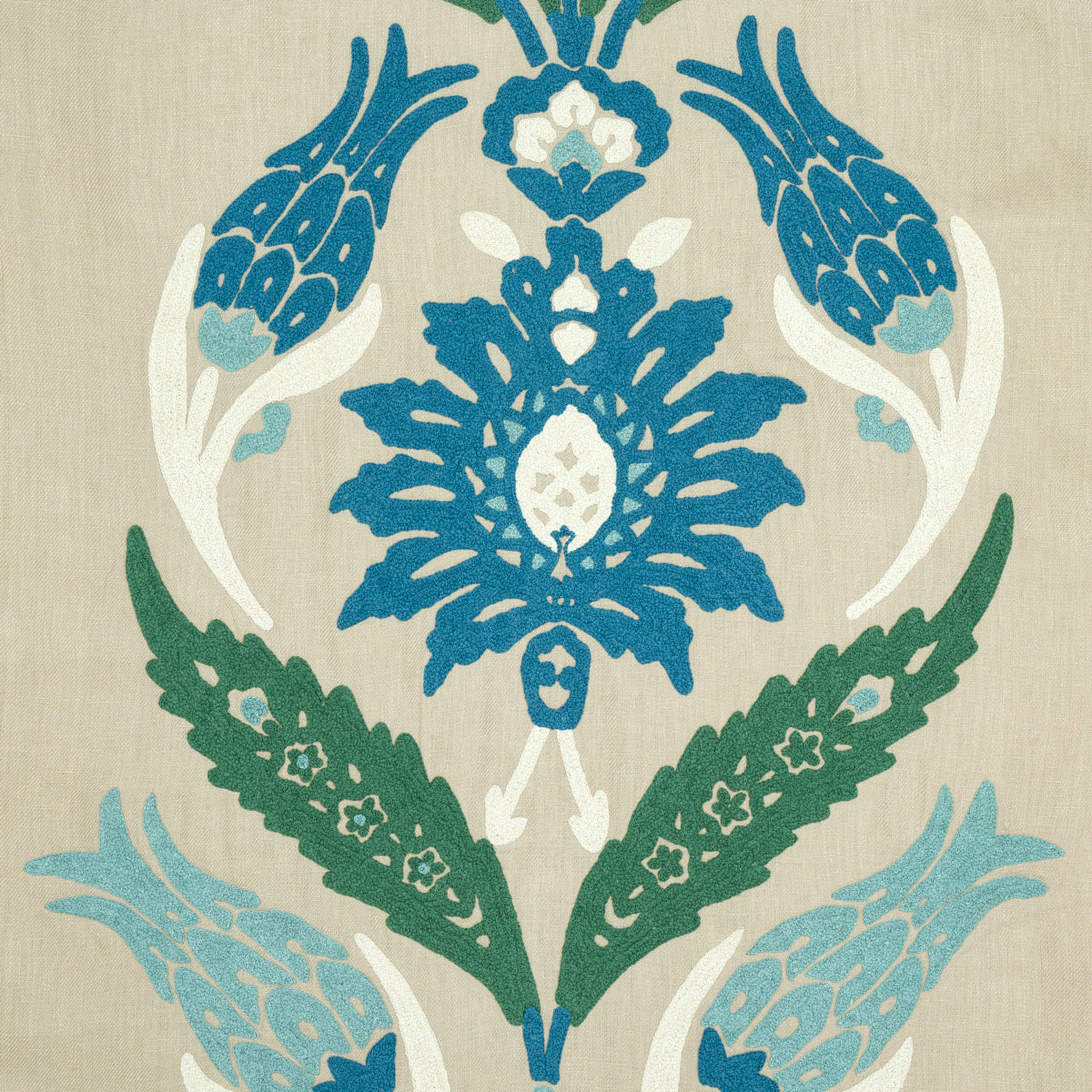 Anagada Embroidery fabric in peacock color - pattern number 74141 - by Schumacher in the Palampore collection