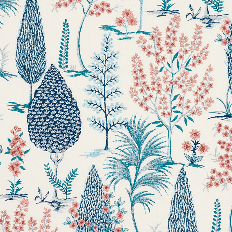 Pandora Embroidery fabric in delft and rose color - pattern number 74170 - by Schumacher in the Palampore collection
